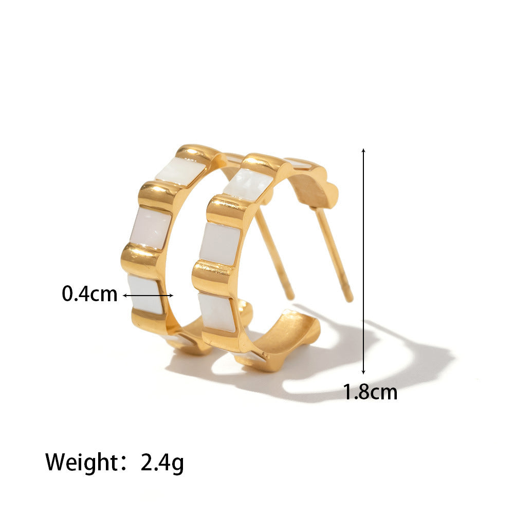 18k Gold Plated C Shape Bamboo Hoop Earrings with Shell