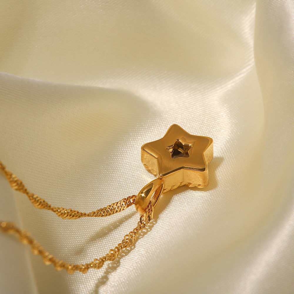 18K Gold Plated Pentagram Pendant Necklace with White Zircon