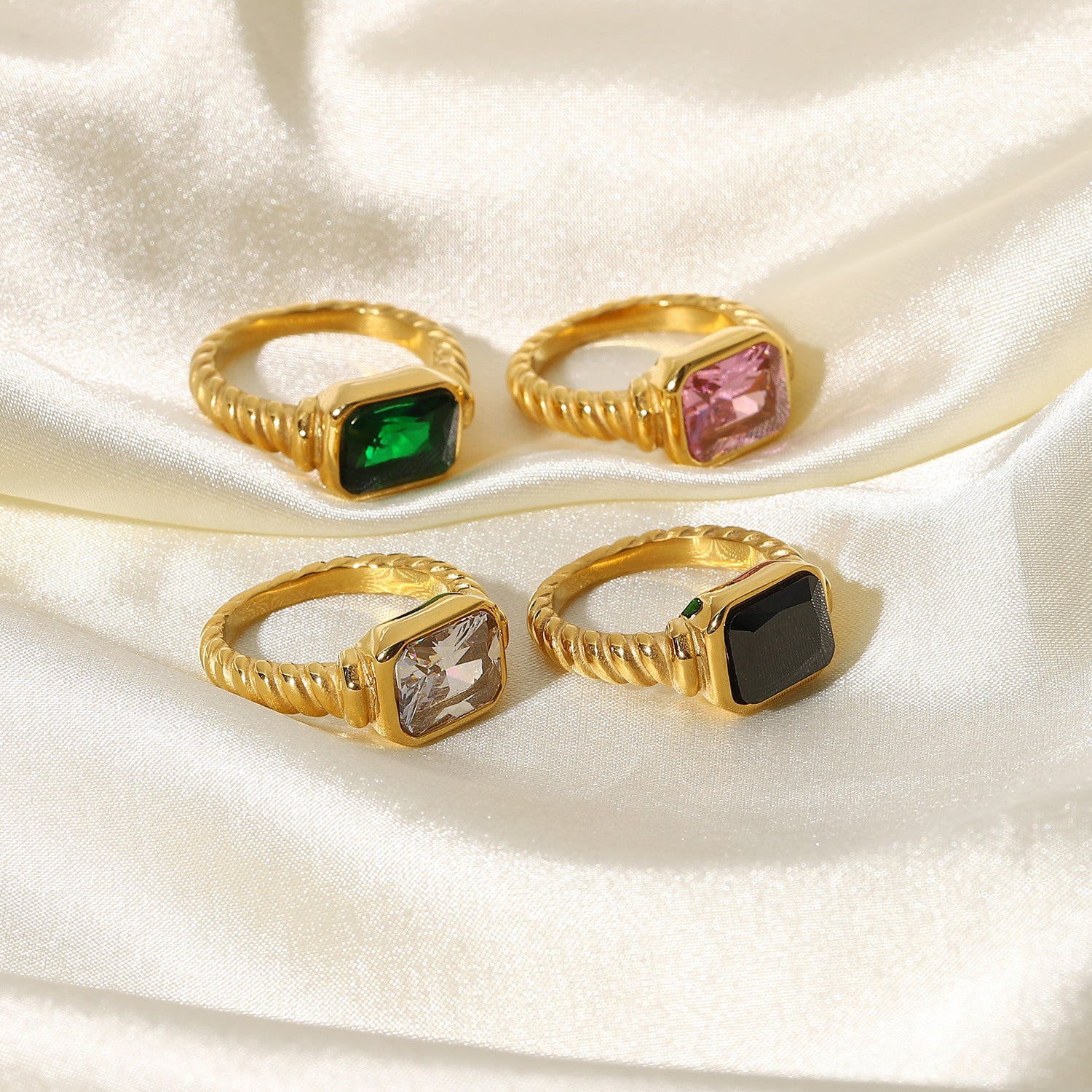 Rectangular Emerald Pink White Black Zircon Ring for Women