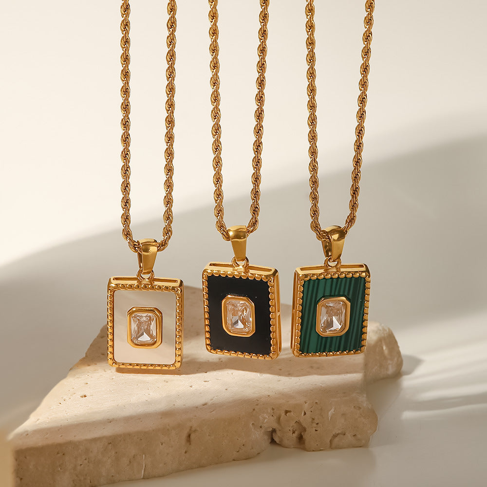 18K Gold Malachite Twist Chain Square Pendant Necklace