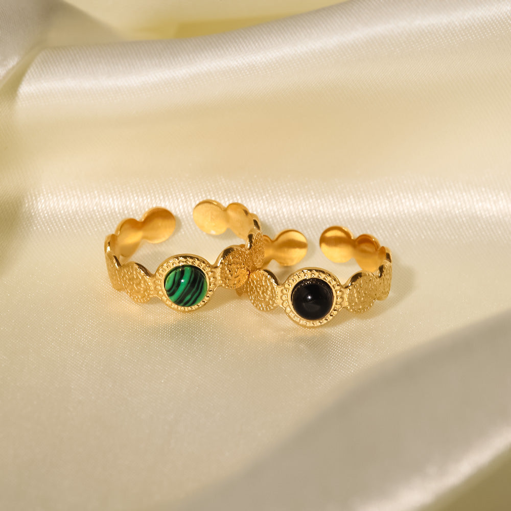 18K Gold Plated Hammer Texture Natural Stone Open Ring