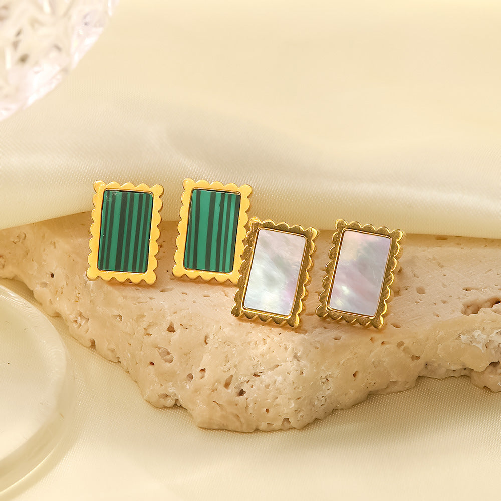 18K Gold Plated Square Earrings with Malachite & White Shell