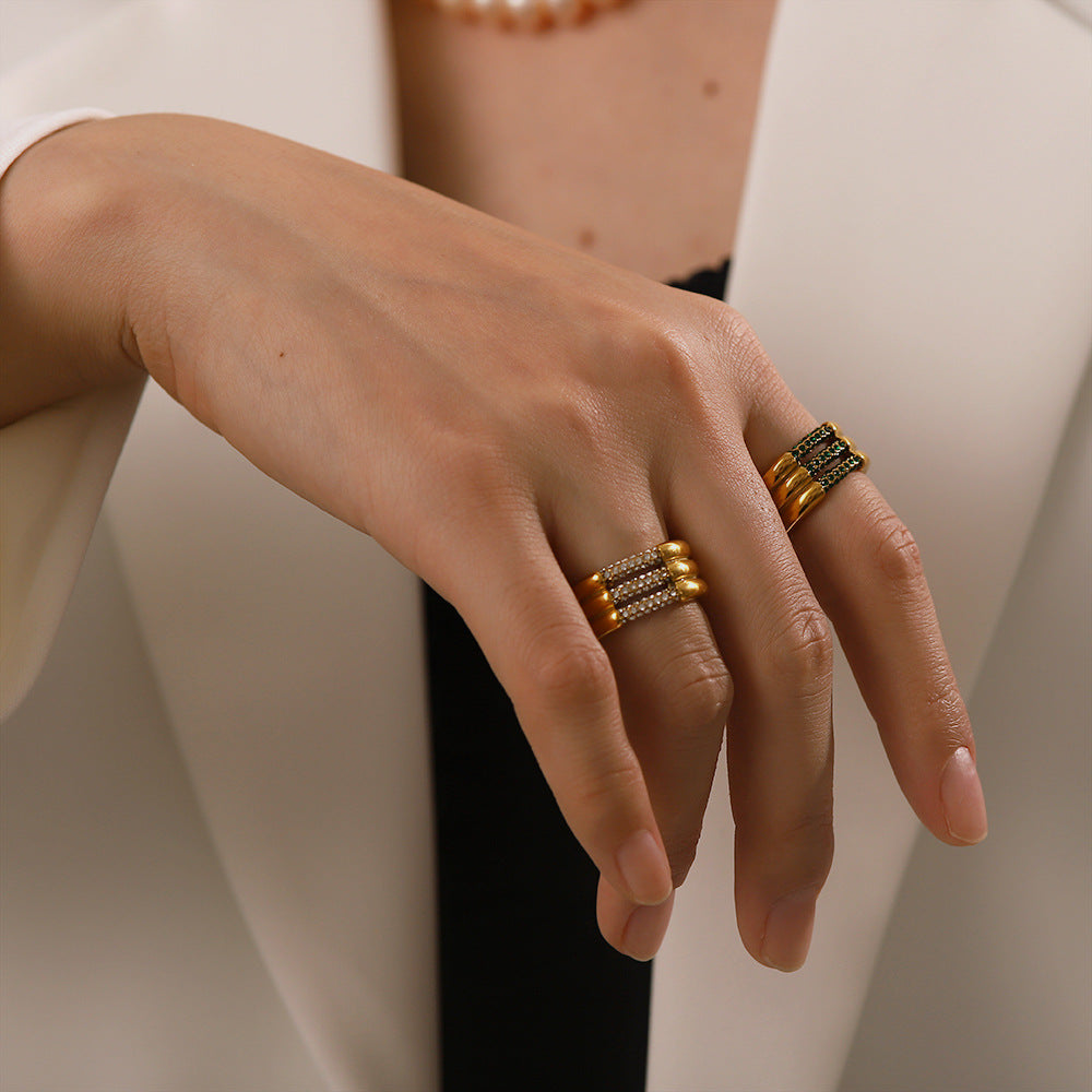 18K Gold Plated Three-Layer Ring with White/Green Diamond