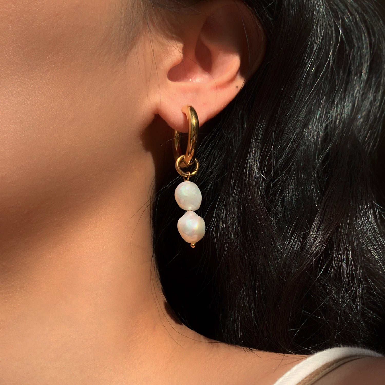 18K Gold Pearl Drop Double Earrings for Elegant Everyday Style