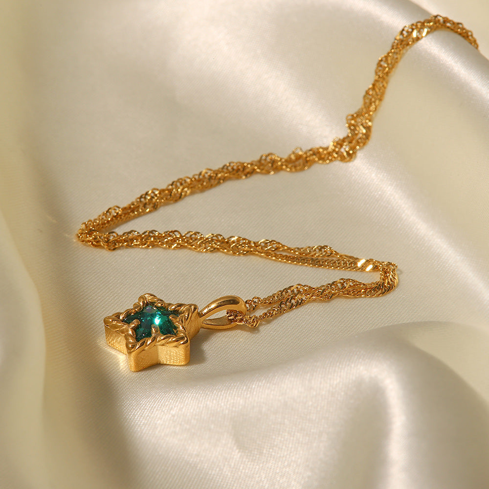 18K Gold Plated Pentagram Pendant Necklace with White Zircon