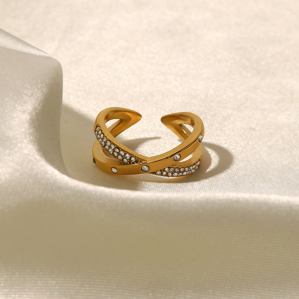18K Gold Plated White Diamond Cross Open Ring for Women