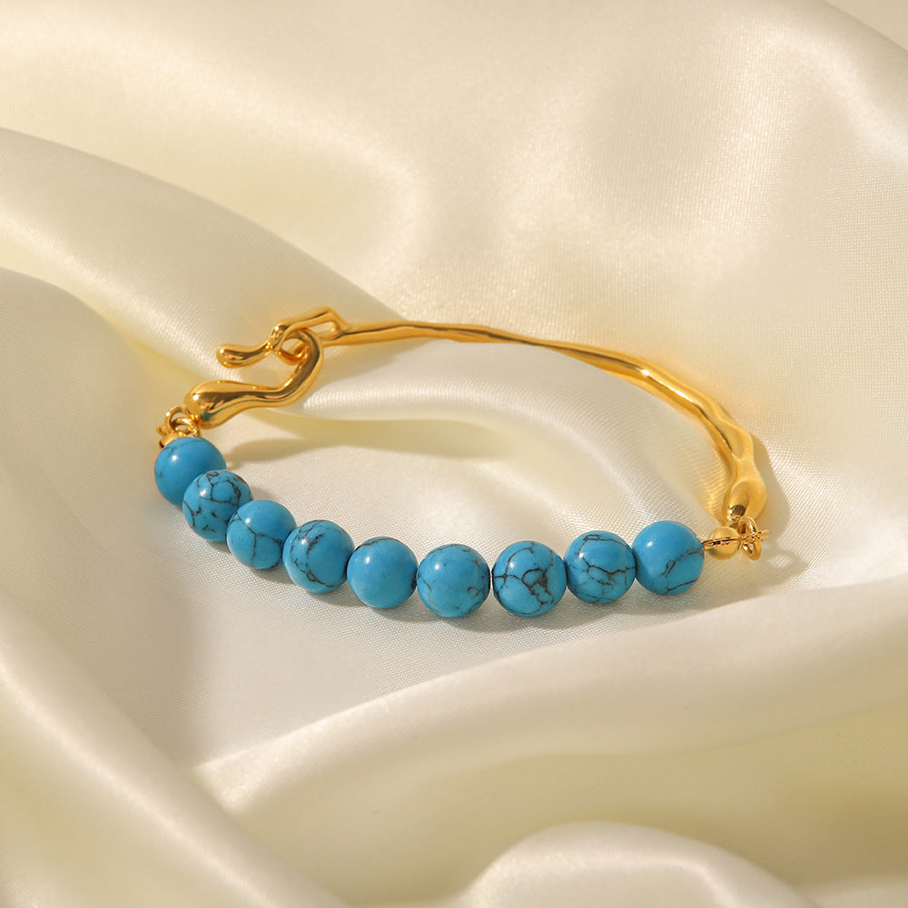 Natural Pearl Blue Turquoise 18K Gold Bracelet | Vintage Luxury