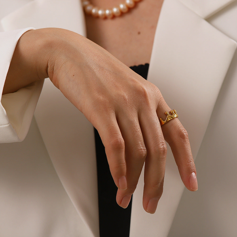 18K Gold Plated Crown Open Geometric Irregular Ring for Women