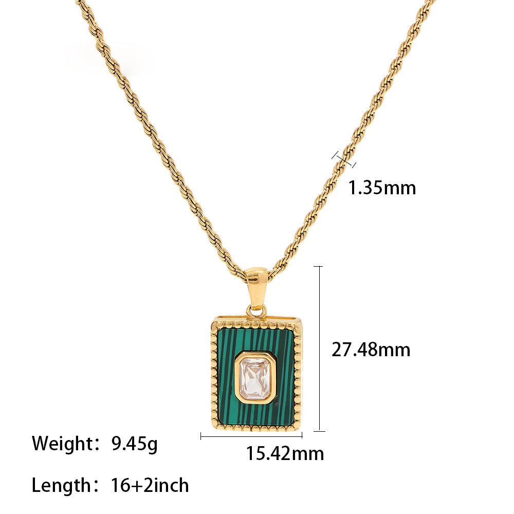 18K Gold Malachite Twist Chain Square Pendant Necklace
