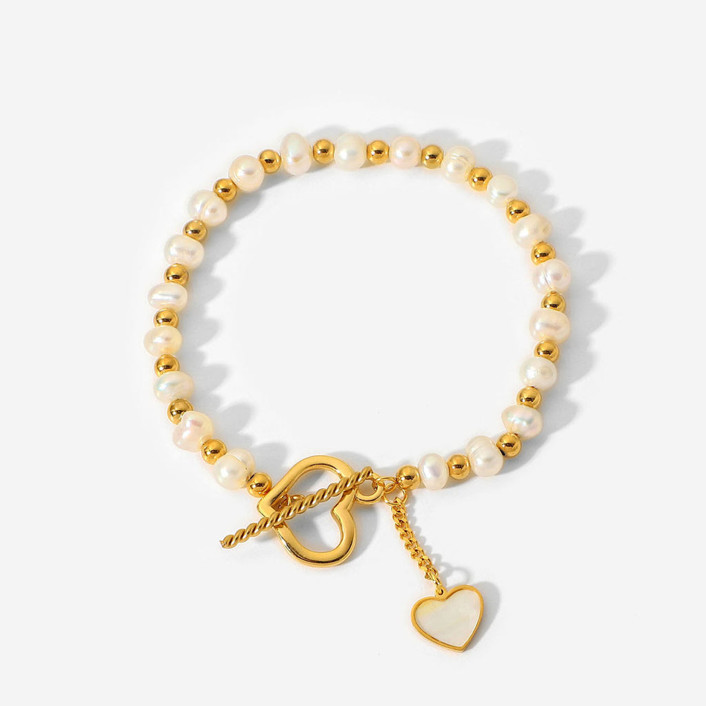 18K Gold Pearl Heart OT Buckle Bracelet for Women