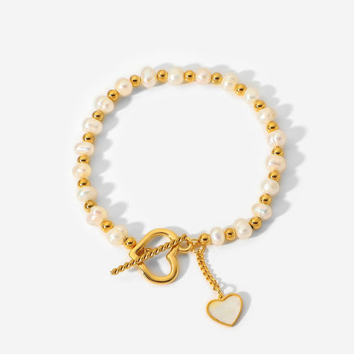 18K Gold Pearl Heart OT Buckle Bracelet for Women