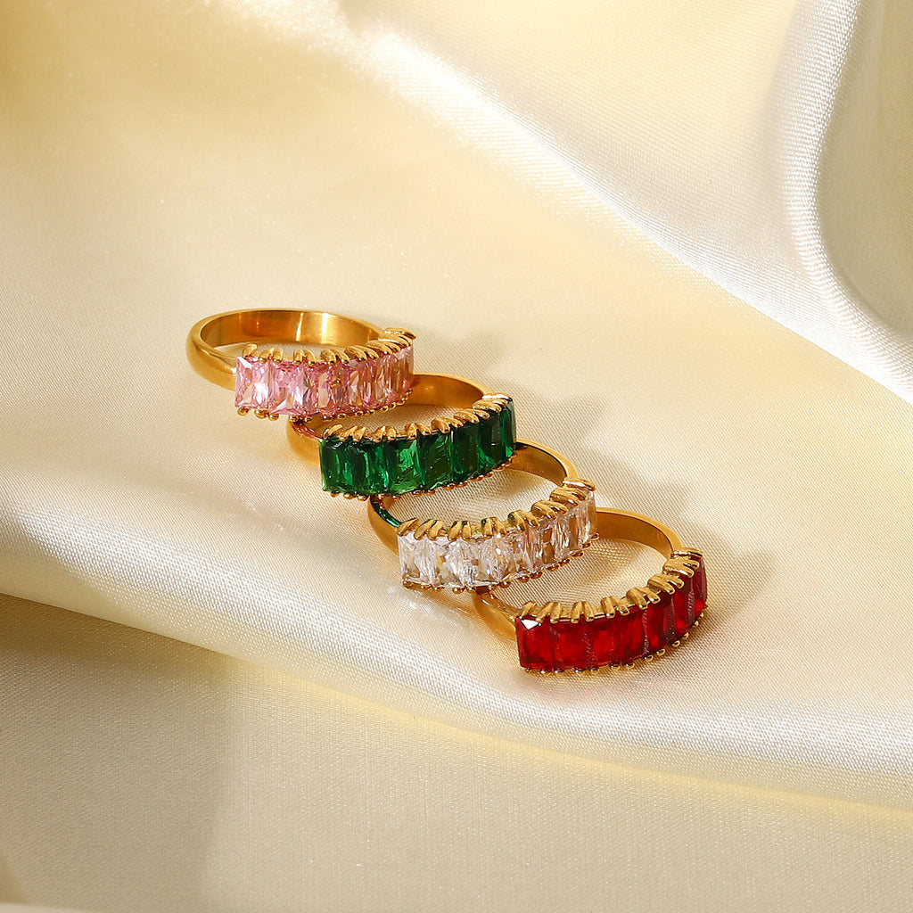 18K Gold Half Circle Rectangular White Red Green Pink Zircon Ring