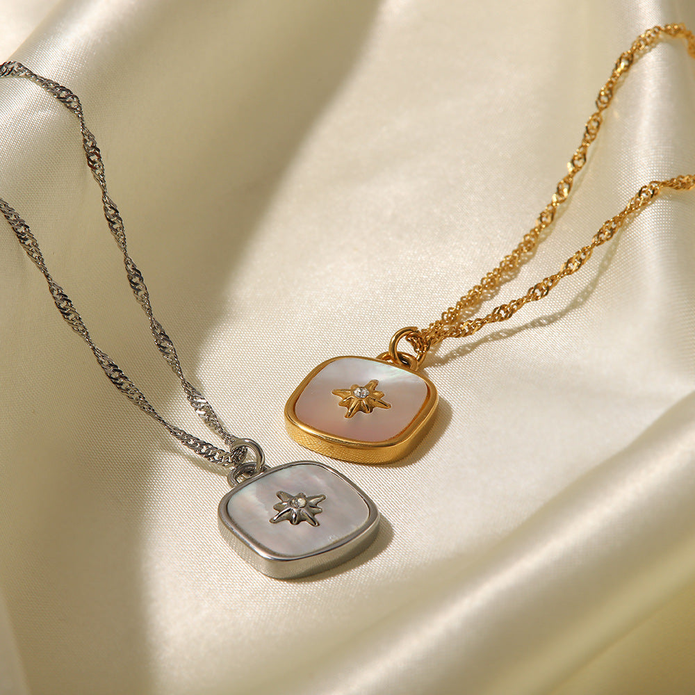 Square Inlaid Natural Shell Pendant Necklace for Women