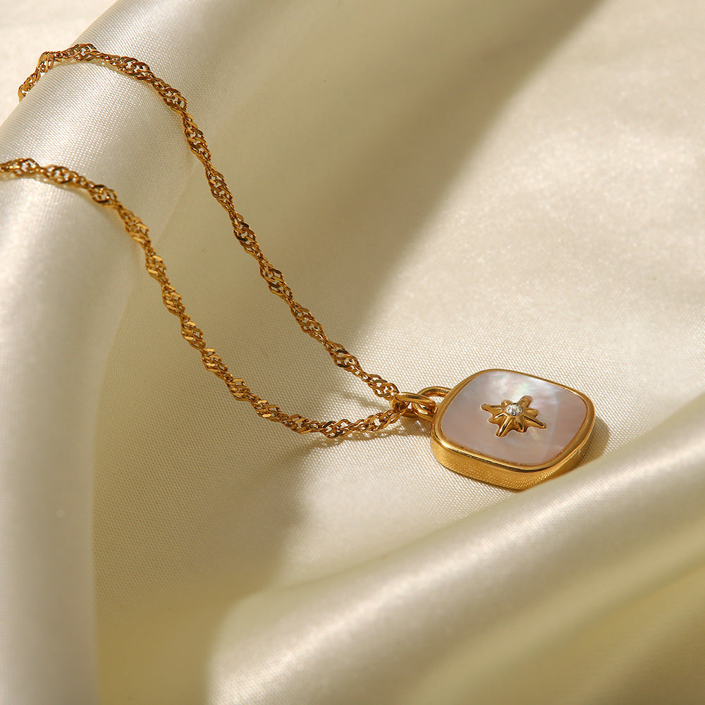 Square Inlaid Natural Shell Pendant Necklace for Women