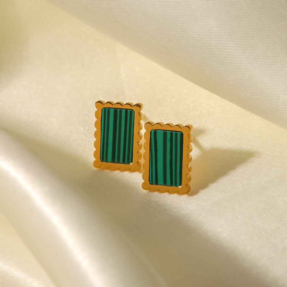 18K Gold Plated Square Earrings with Malachite & White Shell