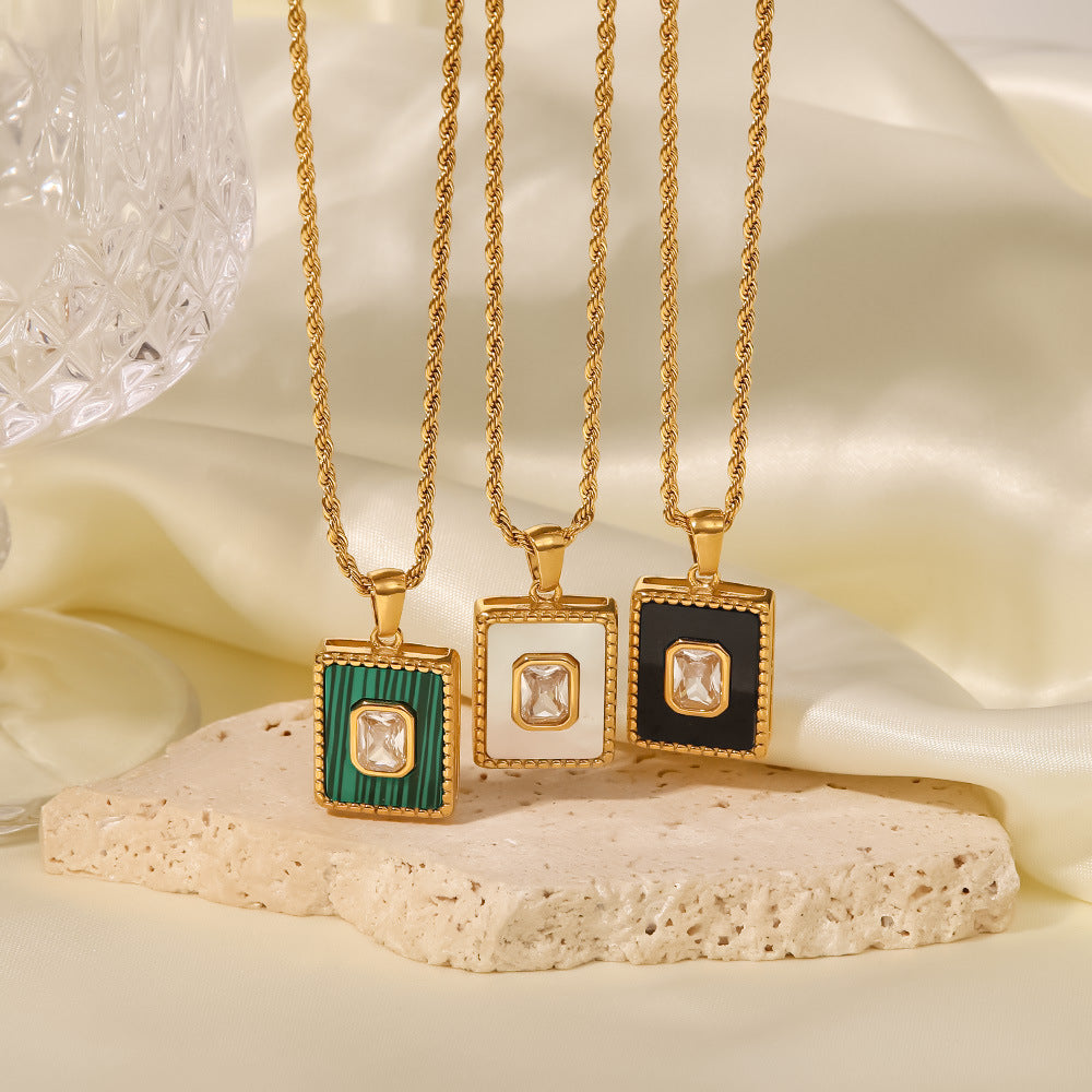 18K Gold Malachite Twist Chain Square Pendant Necklace