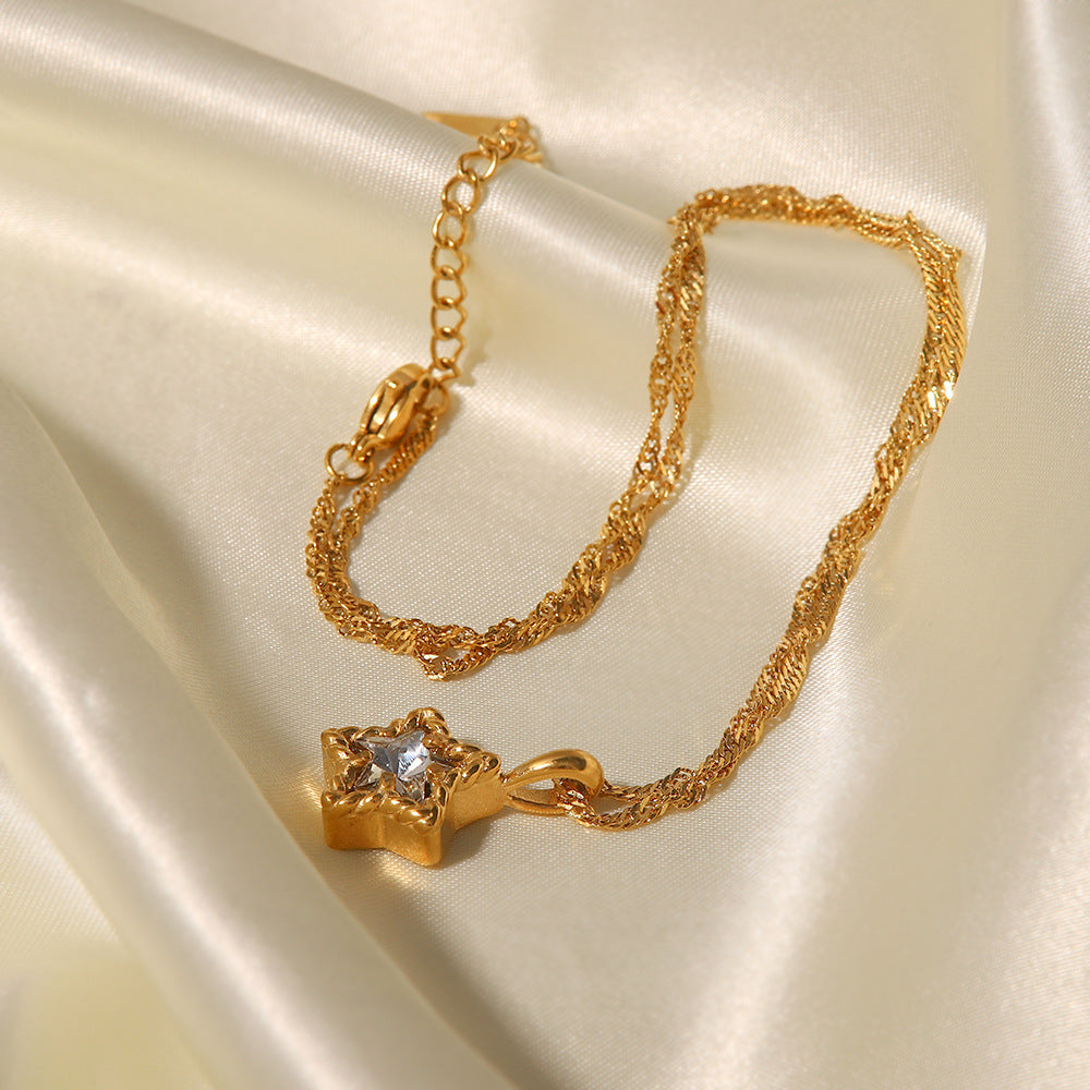 18K Gold Plated Pentagram Pendant Necklace with White Zircon