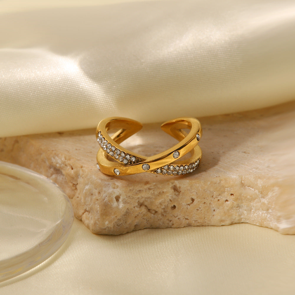 18K Gold Plated White Diamond Cross Open Ring for Women