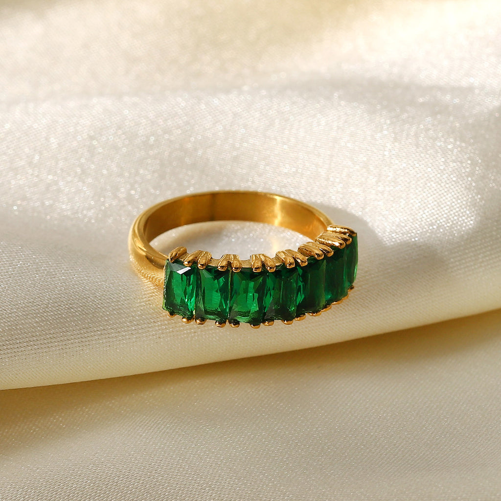 18K Gold Half Circle Rectangular White Red Green Pink Zircon Ring