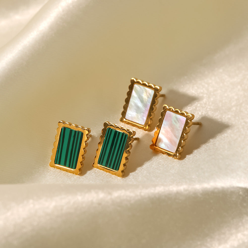 18K Gold Plated Square Earrings with Malachite & White Shell