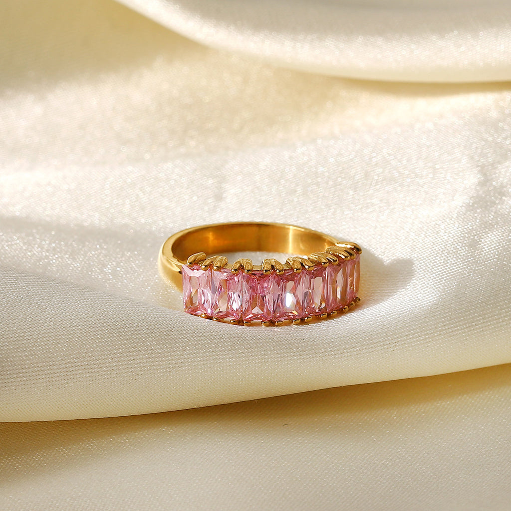 18K Gold Half Circle Rectangular White Red Green Pink Zircon Ring
