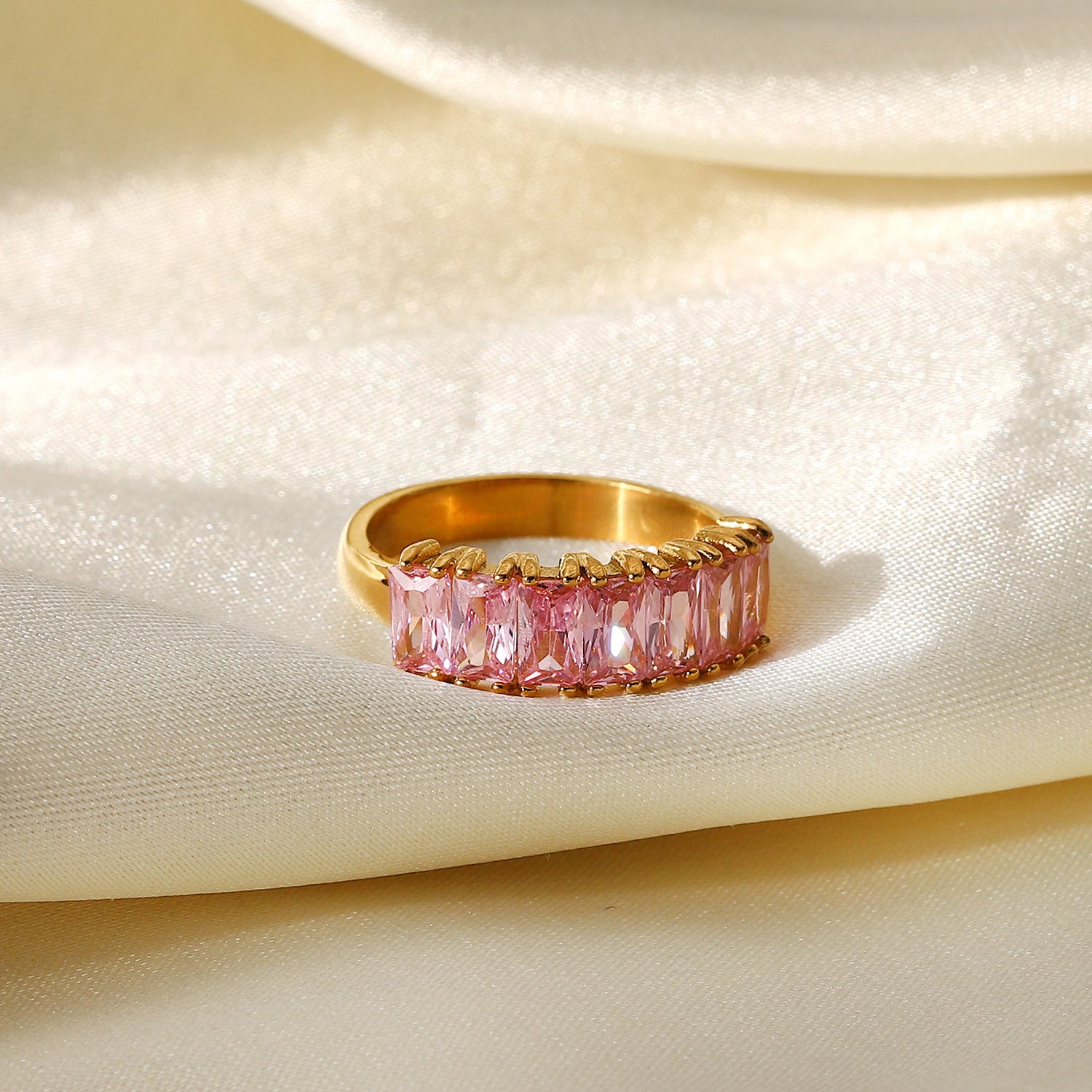 18K Gold Half Circle Rectangular White Red Green Pink Zircon Ring