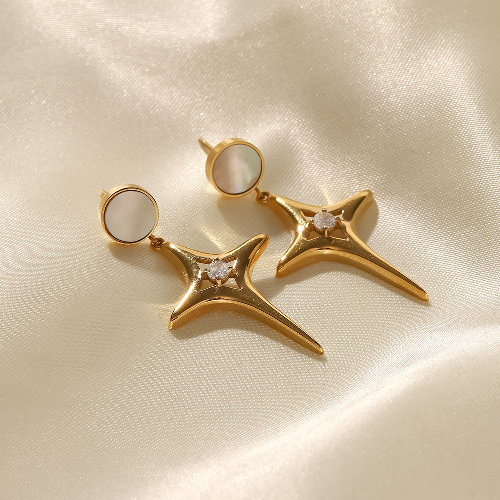 18K Gold Plated Zircon Star Openwork Shell Cross Drop Earrings