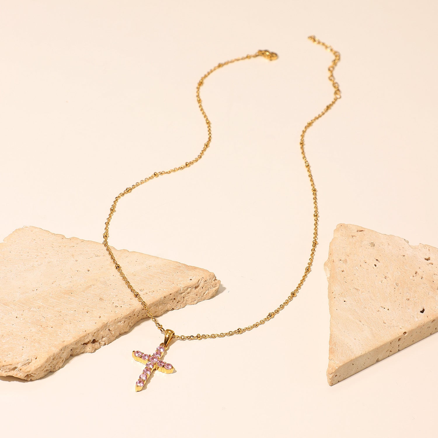 18K Gold Plated Pink Zircon Cross Pendant Necklace for Women