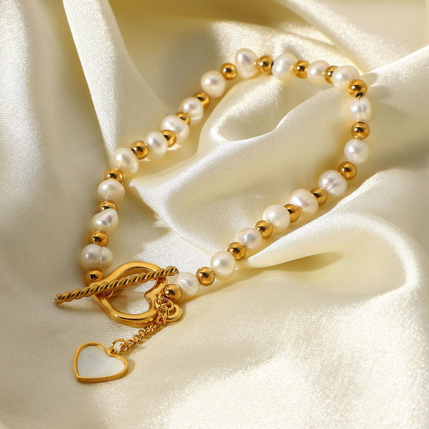 18K Gold Pearl Heart OT Buckle Bracelet for Women