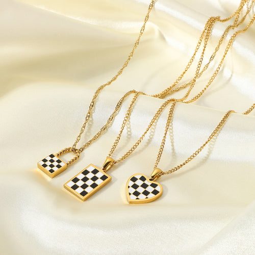 18K Chess Checker Black White Green White Titanium Steel Necklace