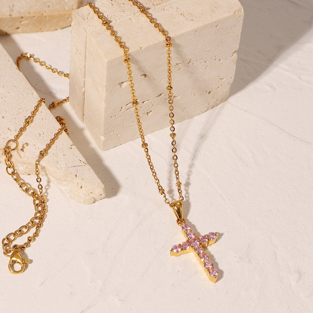 18K Gold Plated Pink Zircon Cross Pendant Necklace for Women