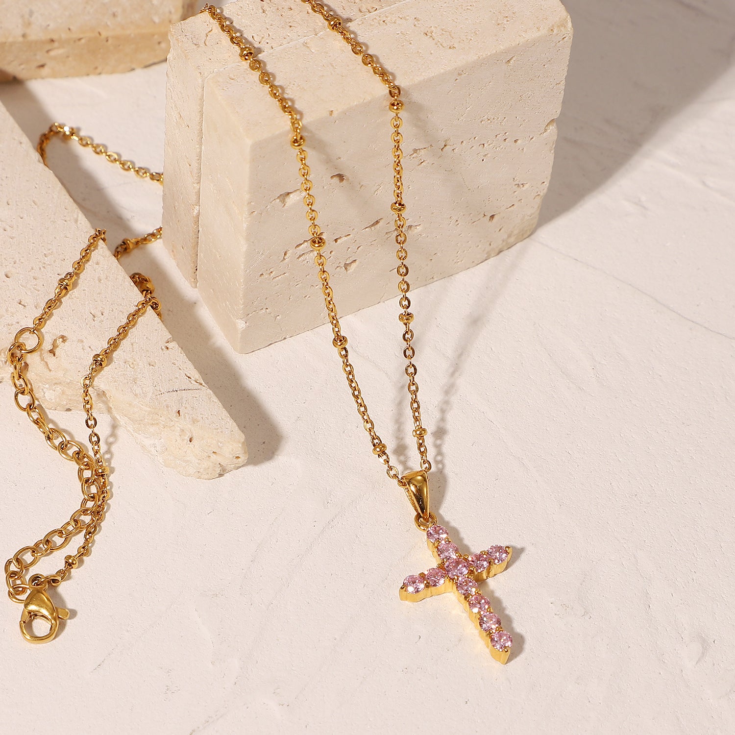 18K Gold Plated Pink Zircon Cross Pendant Necklace for Women