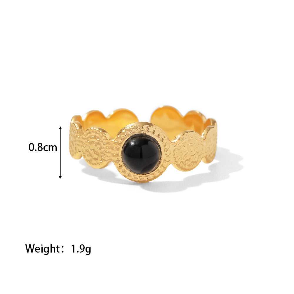 18K Gold Plated Hammer Texture Natural Stone Open Ring