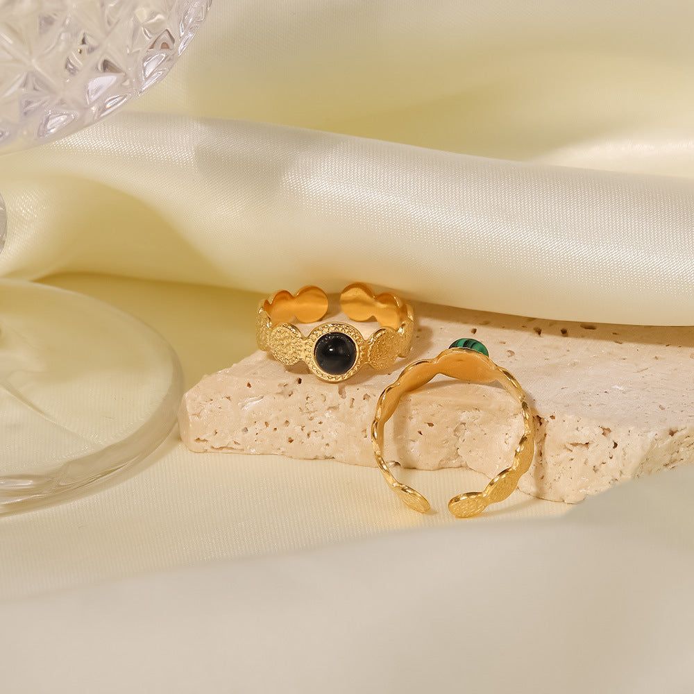 18K Gold Plated Hammer Texture Natural Stone Open Ring