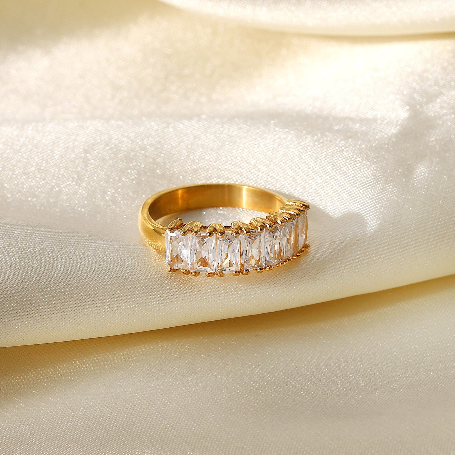 18K Gold Half Circle Rectangular Zircon Ring for Women