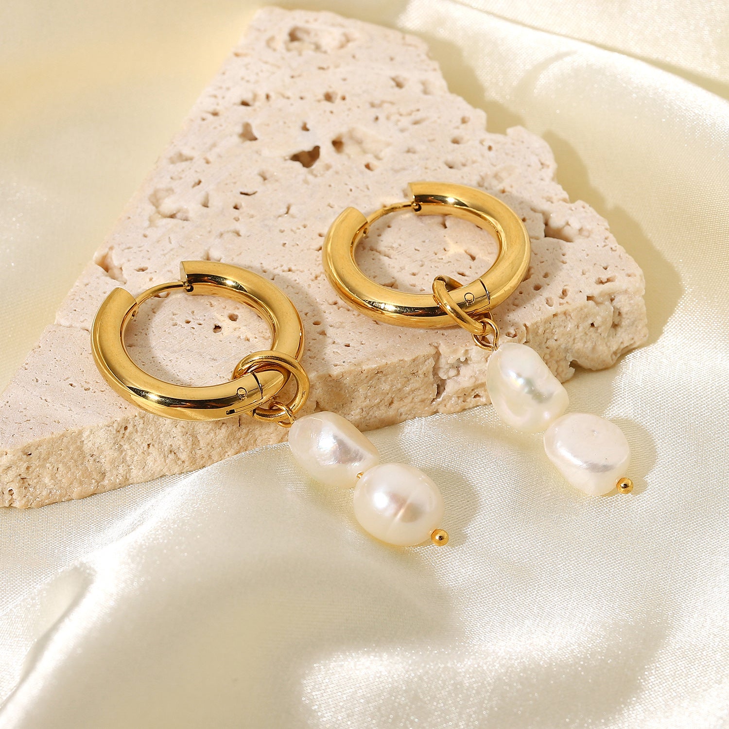 18K Gold Pearl Drop Double Earrings – Elegant Luxury Jewelry