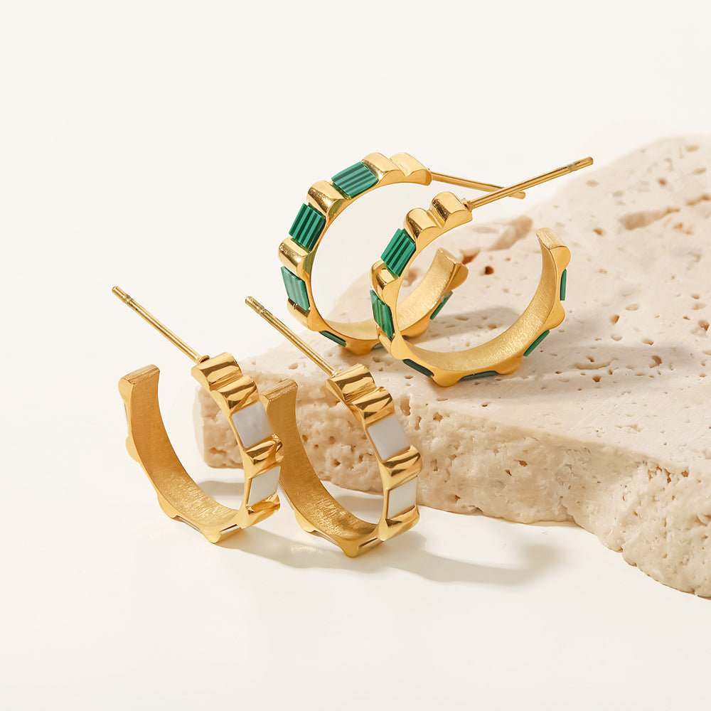 18k Gold Plated C Shape Bamboo Hoop Earrings with Shell