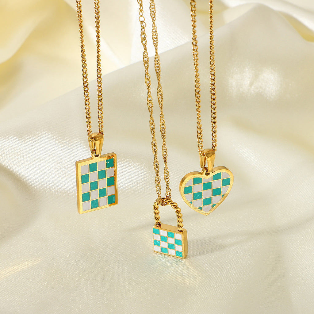 18K Chess Checker Black White Green White Titanium Steel Necklace