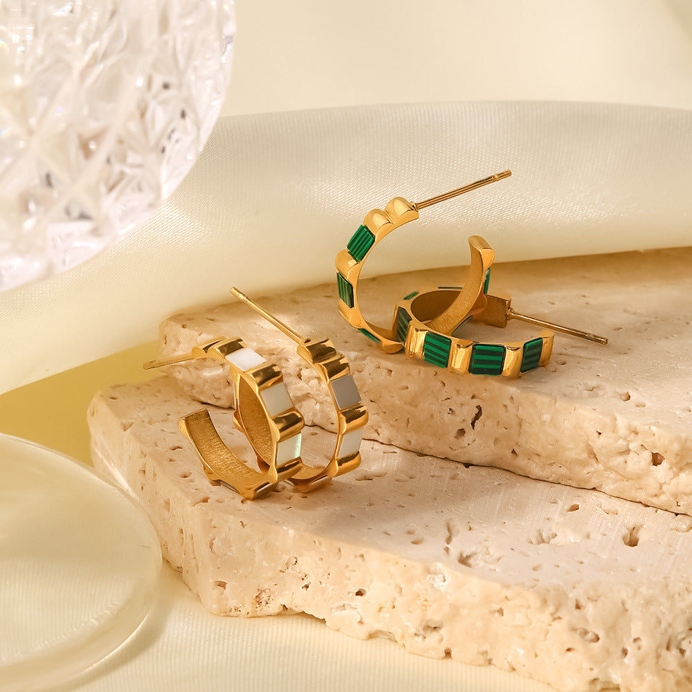 18k Gold Plated C Shape Bamboo Hoop Earrings with Shell
