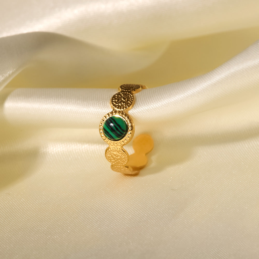 18K Gold Plated Hammer Texture Natural Stone Open Ring