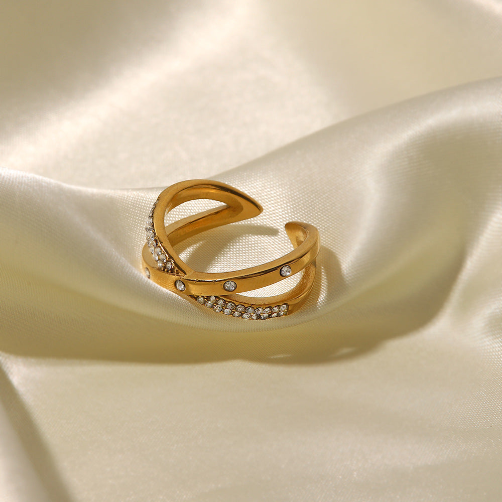 18K Gold Plated White Diamond Cross Open Ring for Women