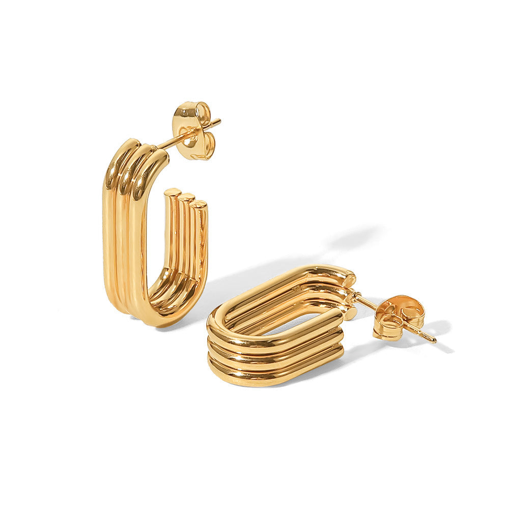18K Gold Three-Layer Ring U-Shaped Open Earrings for Women