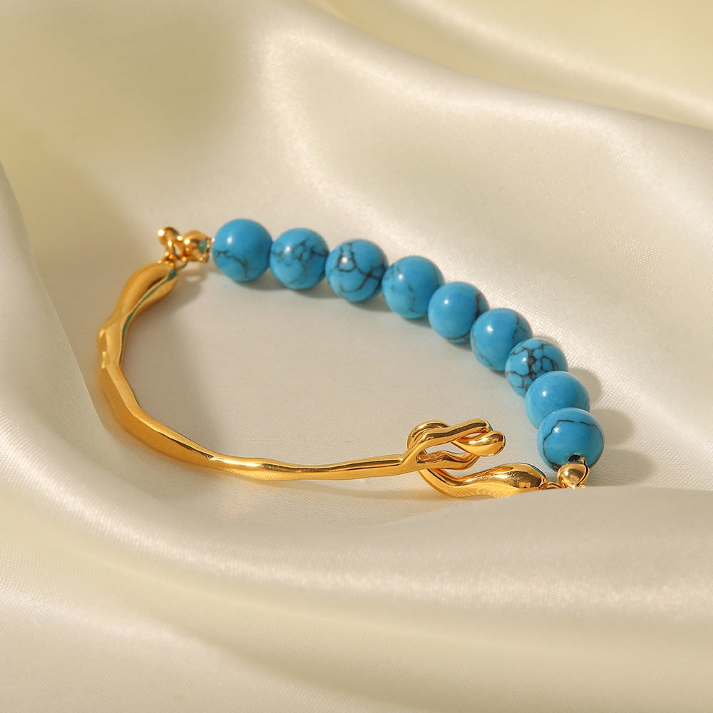 Natural Pearl Blue Turquoise 18K Gold Bracelet | Vintage Luxury