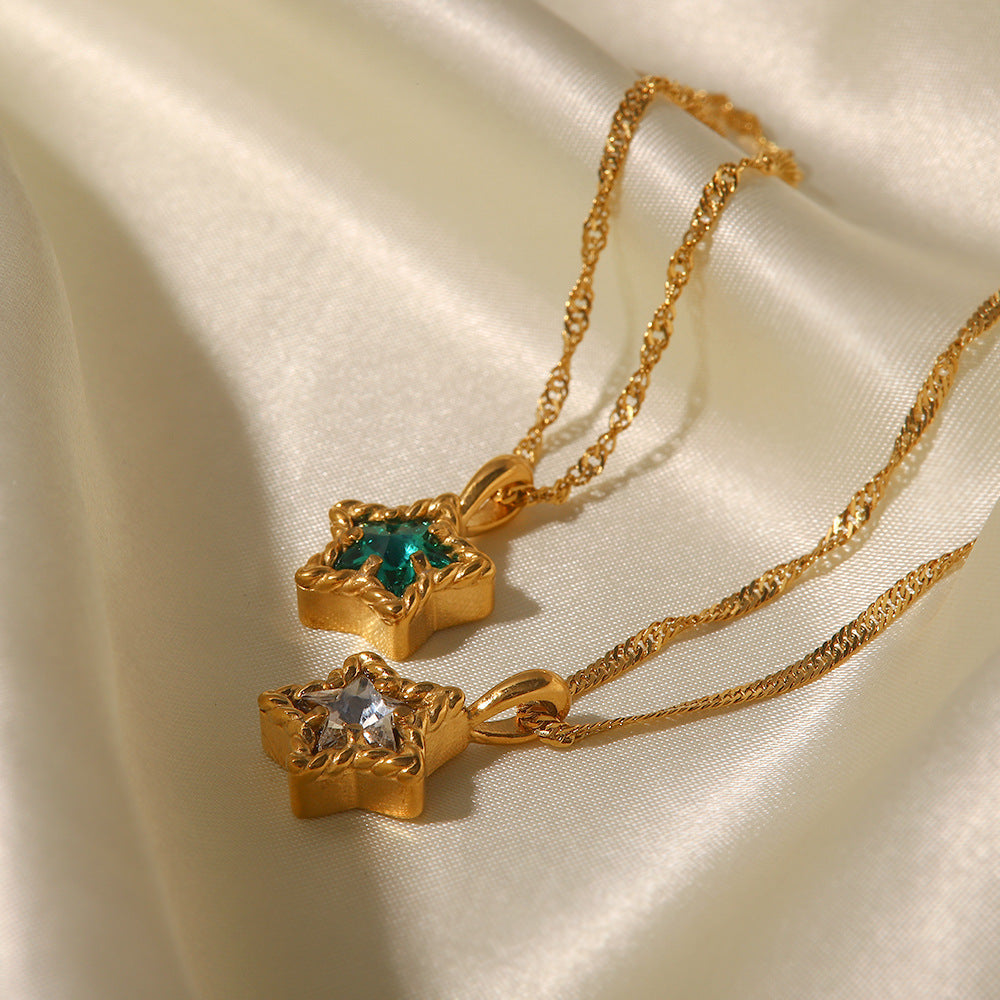 18K Gold Plated Pentagram Pendant Necklace with White Zircon