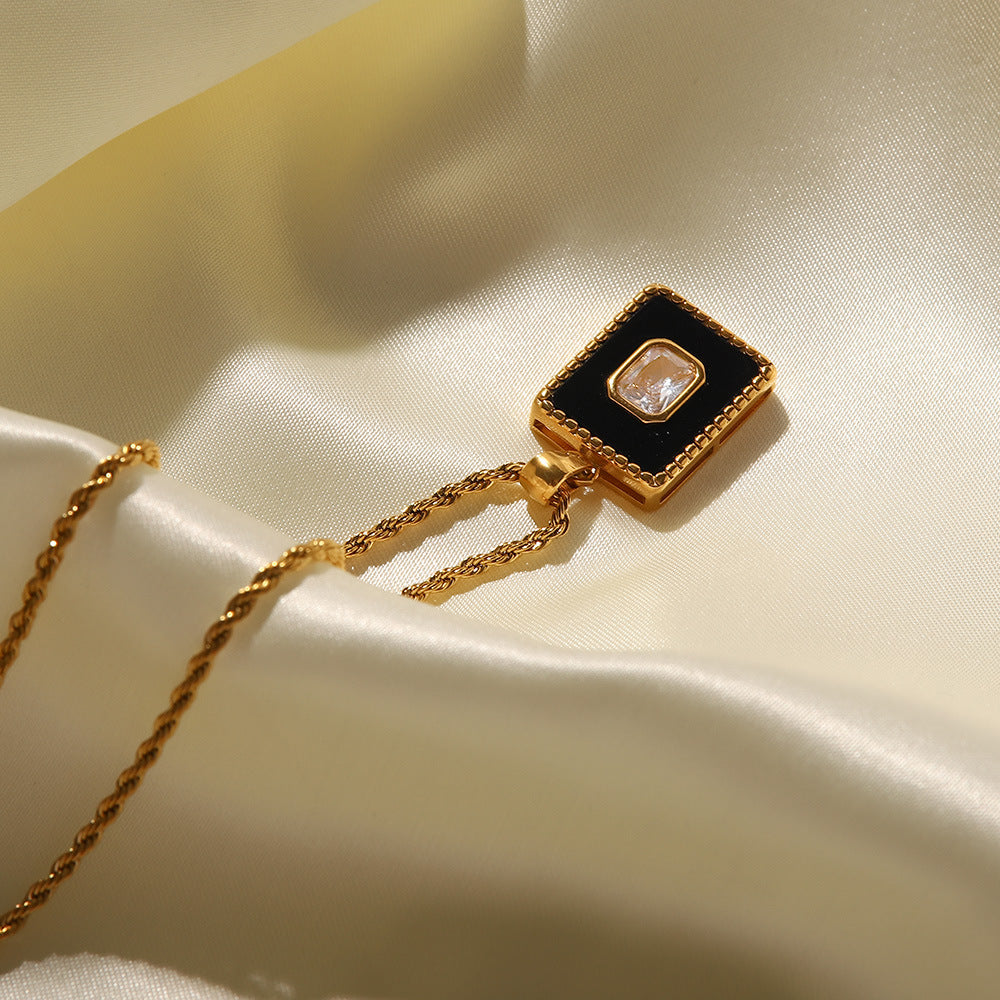 18K Gold Malachite Twist Chain Square Pendant Necklace