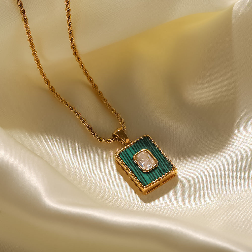18K Gold Malachite Twist Chain Square Pendant Necklace