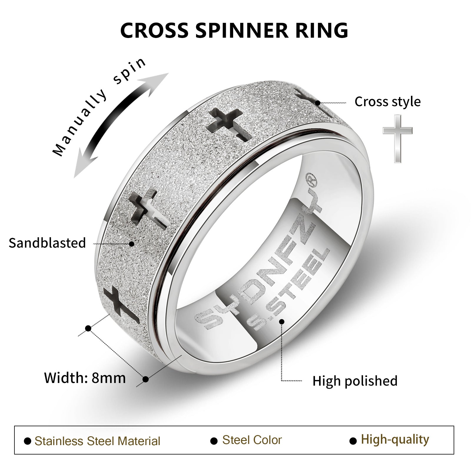 Titanium Steel Cross Ring 8mm Wide Men's Band