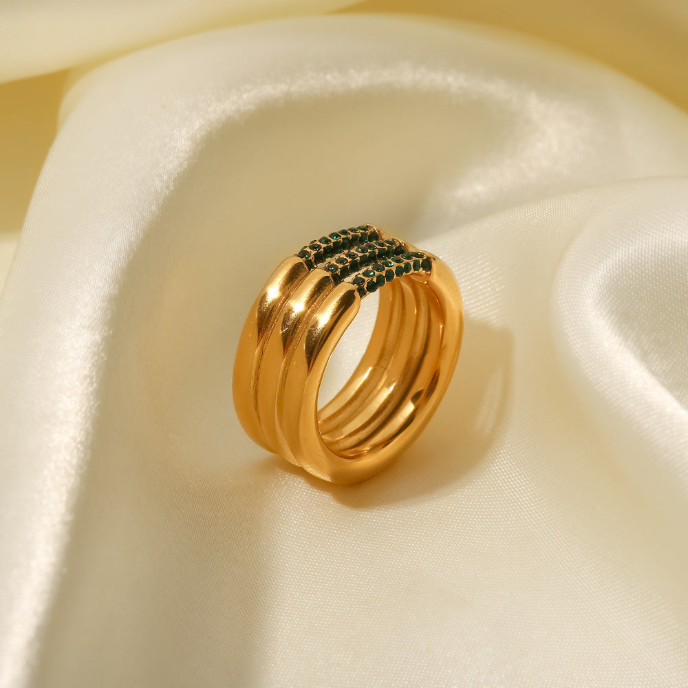 18K Gold Plated Three-Layer Ring with White/Green Diamond