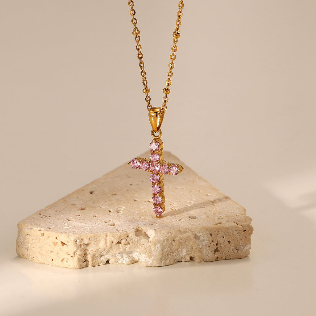 18K Gold Plated Pink Zircon Cross Pendant Necklace for Women