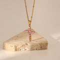 18K Gold Plated Pink Zircon Cross Pendant Necklace for Women